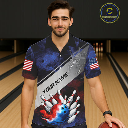 Red, White & Blue Smoke American Flag Bowling Hawaiian Shirt Custom patriotic Team bowling jersey NQS11269