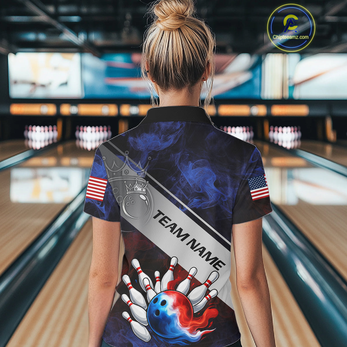 Red, White & Blue Smoke American Flag Bowling shirts For Women Custom patriotic Team bowling jersey NQS11269