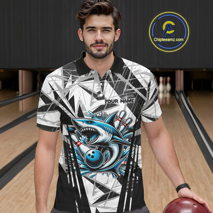 Black and White Camo Shark Bowling Team Shirts For Men Custom Shark Bowling Polo, Quarter Zip Shirt NQS11471