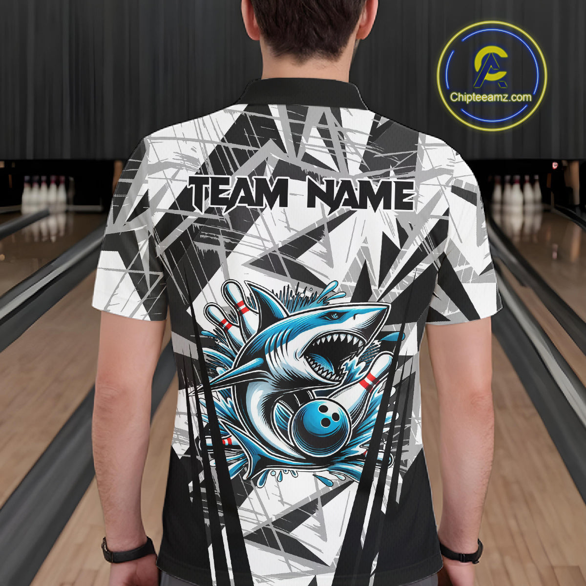Black and White Camo Shark Bowling Team Shirts For Men Custom Shark Bowling Polo, Quarter Zip Shirt NQS11471