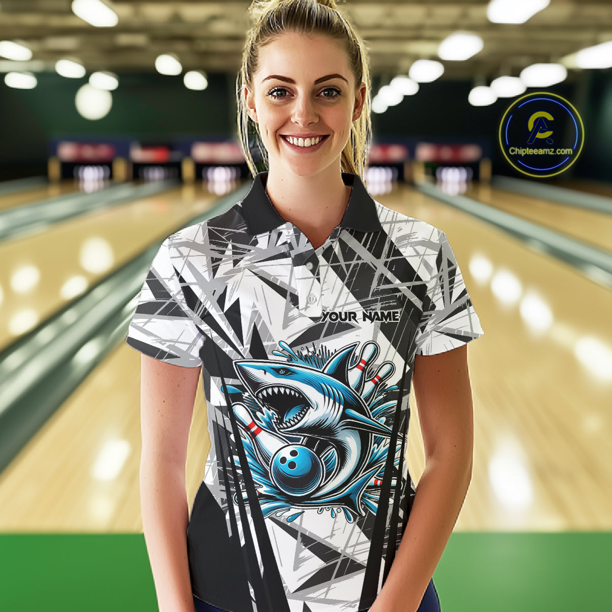 Black and White Camo Shark Bowling Team Shirt For Women Custom Shark Bowling Polo, Quarter Zip Shirt NQS11471