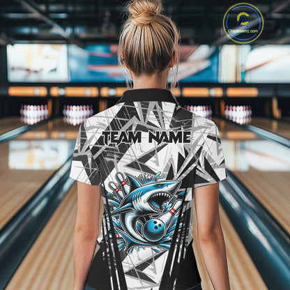 Black and White Camo Shark Bowling Team Shirt For Women Custom Shark Bowling Polo, Quarter Zip Shirt NQS11471