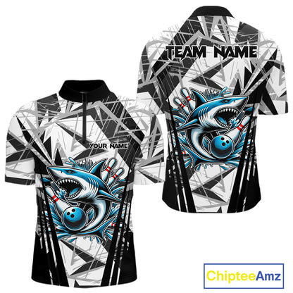 Black and White Camo Shark Bowling Team Shirts For Men Custom Shark Bowling Polo, Quarter Zip Shirt NQS11471