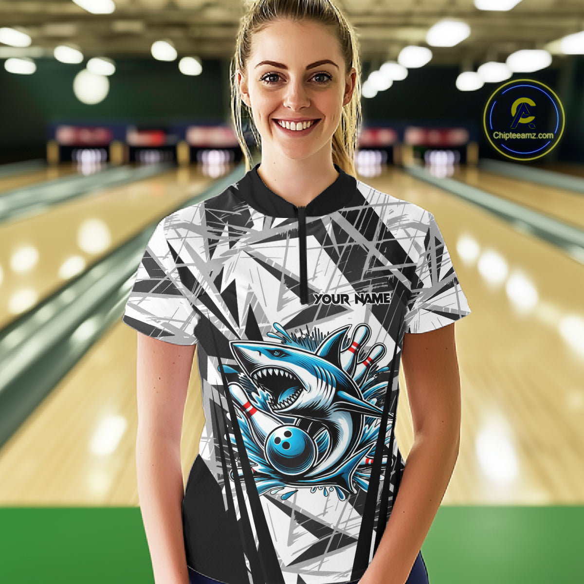 Black and White Camo Shark Bowling Team Shirt For Women Custom Shark Bowling Polo, Quarter Zip Shirt NQS11471
