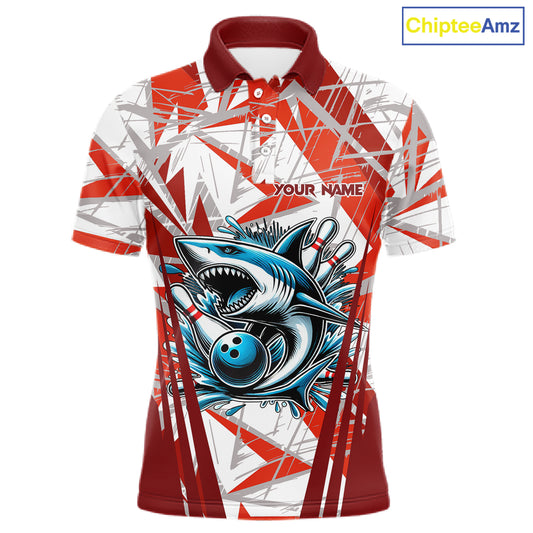 Red and White Camo Shark Bowling Team Shirts For Men Custom Shark Bowling Polo, Quarter Zip Shirt NQS11472