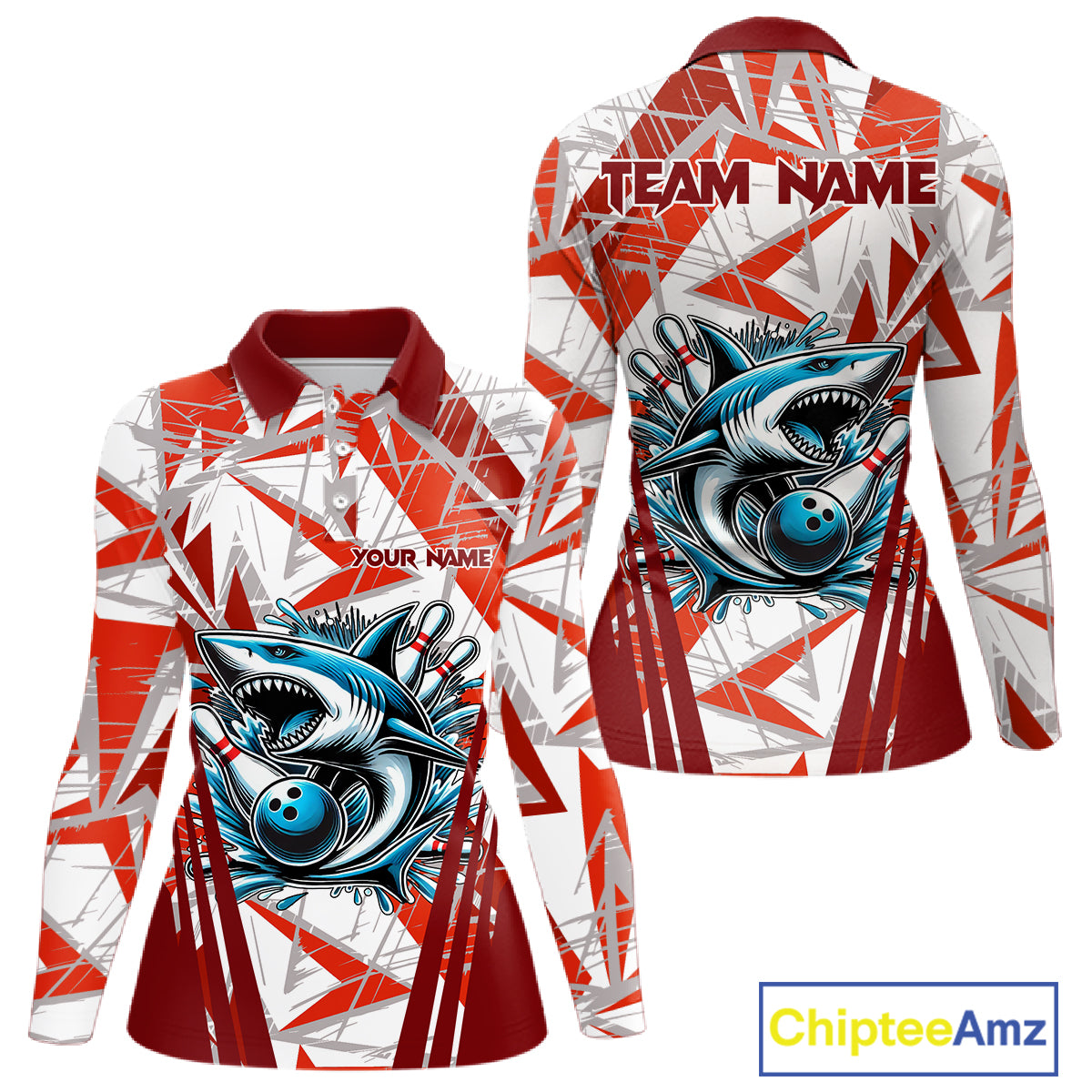 Red and White Camo Shark Bowling Team Shirt For Women Custom Shark Bowling Polo, Quarter Zip Shirt NQS11472