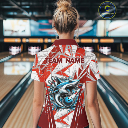 Red and White Camo Shark Bowling Team Shirt For Women Custom Shark Bowling Polo, Quarter Zip Shirt NQS11472