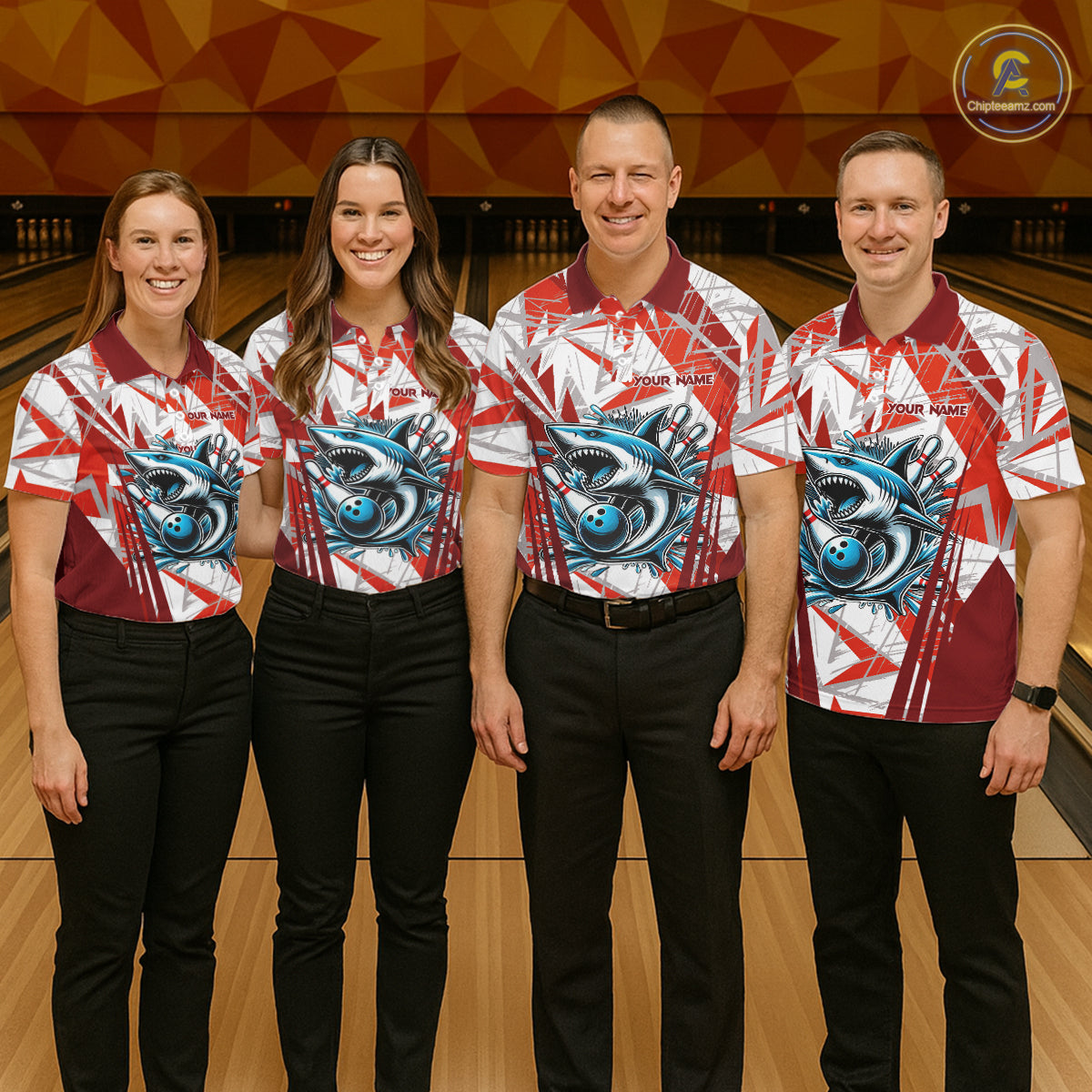 Red and White Camo Shark Bowling Team Shirt For Women Custom Shark Bowling Polo, Quarter Zip Shirt NQS11472