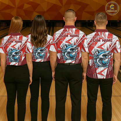 Red and White Camo Shark Bowling Team Shirt For Women Custom Shark Bowling Polo, Quarter Zip Shirt NQS11472