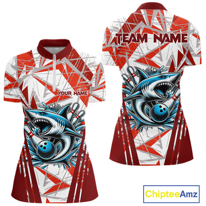 Red and White Camo Shark Bowling Team Shirt For Women Custom Shark Bowling Polo, Quarter Zip Shirt NQS11472