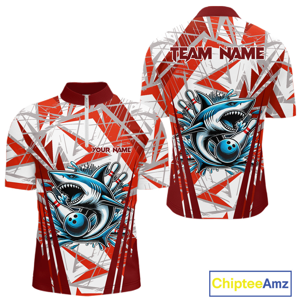Red and White Camo Shark Bowling Team Shirts For Men Custom Shark Bowling Polo, Quarter Zip Shirt NQS11472