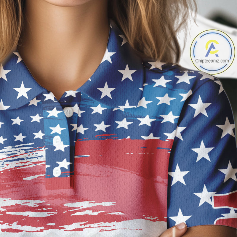 Personalized Red, White and Blue American Flag Women golf polo shirt Custom patriotic ladies golf tops NQS9550