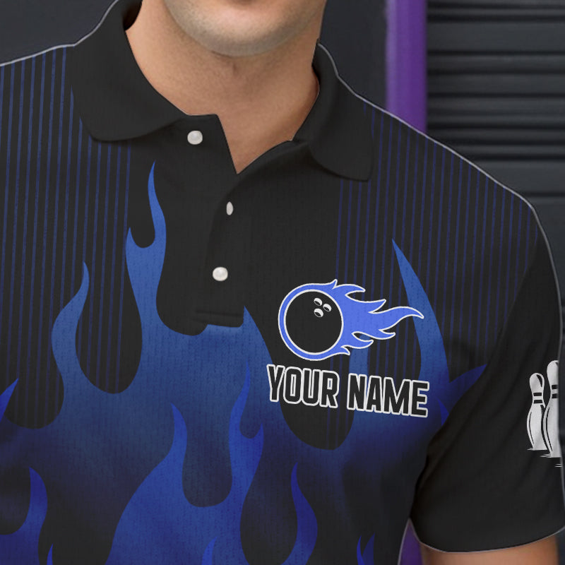 Personalized Black and Blue Flame Bowling Shirts For Men Custom Fire bowling jerseys NQS9552