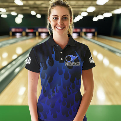 Personalized Black and Blue Flame Bowling Shirts For Women Custom Fire bowling jerseys NQS9552