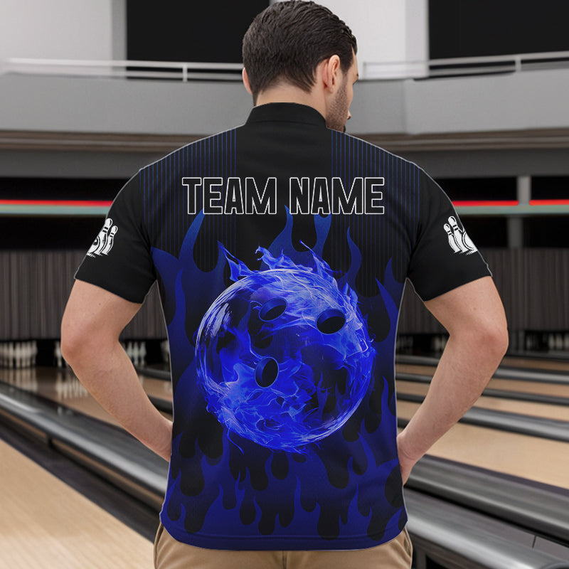 Personalized Black and Blue Flame Bowling Shirts For Men Custom Fire bowling jerseys NQS9552