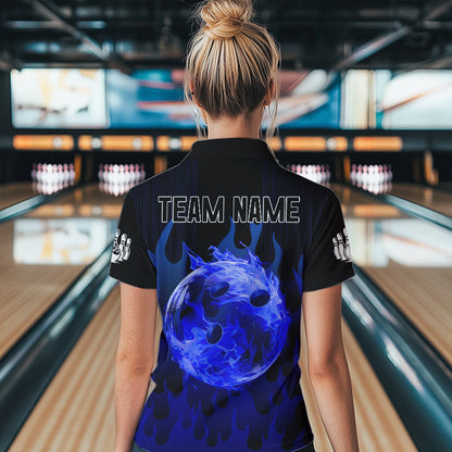 Personalized Black and Blue Flame Bowling Shirts For Women Custom Fire bowling jerseys NQS9552