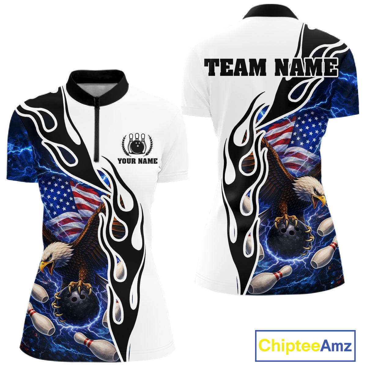 Blue Lightning Thunder American Flag Eagle Women Bowling shirts Custom Patriotic Team bowling Jersey NQS11658