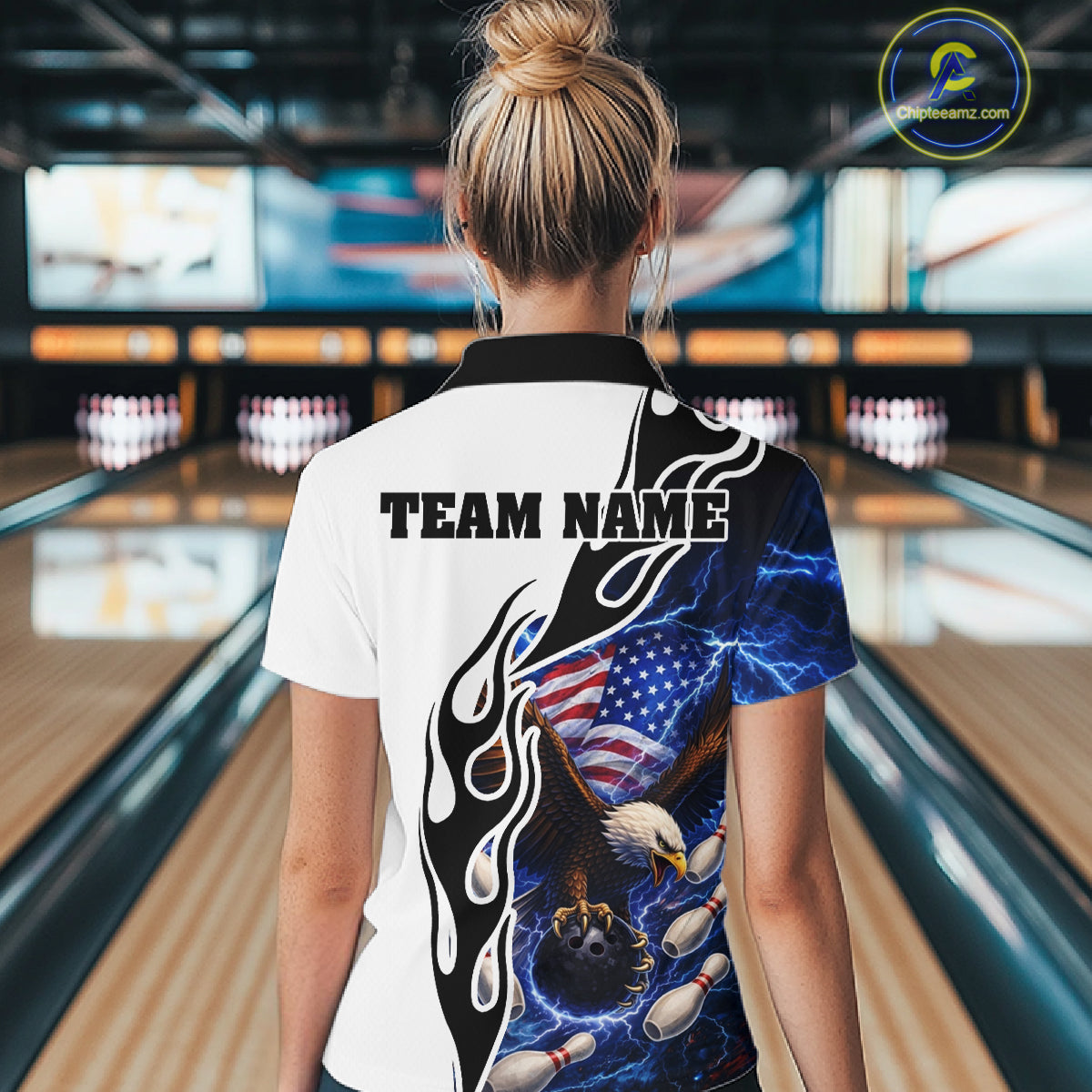 Blue Lightning Thunder American Flag Eagle Women Bowling shirts Custom Patriotic Team bowling Jersey NQS11658