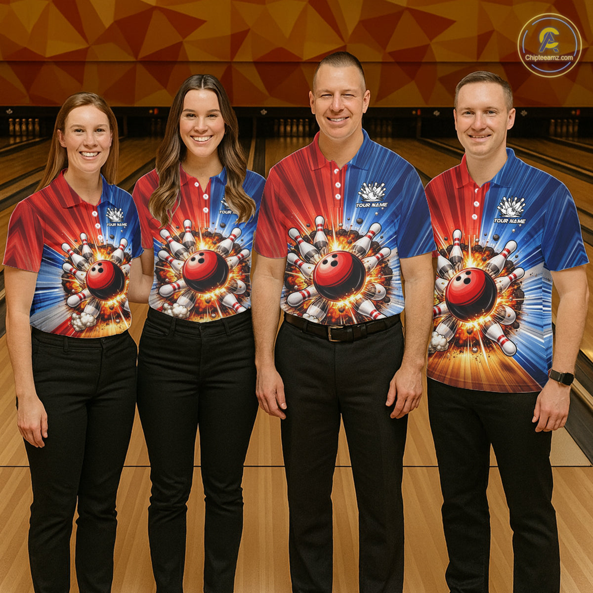 Funny Bowling Boom Polo, 1/4 Zip Shirt For Men Custom Red, White and Blue Team Bowler Jerseys NQS11660