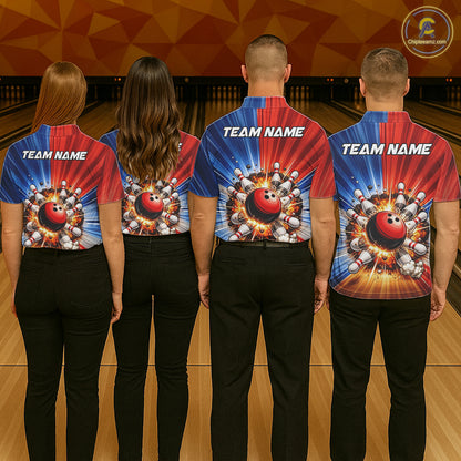 Funny Bowling Boom Polo, 1/4 Zip Shirt For Men Custom Red, White and Blue Team Bowler Jerseys NQS11660