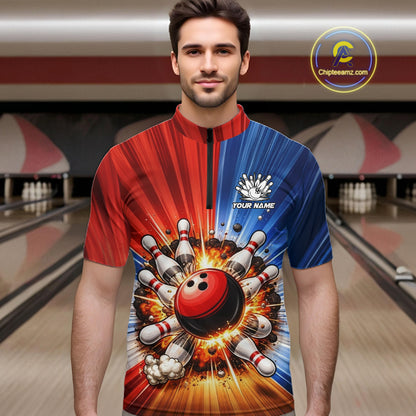 Funny Bowling Boom Polo, 1/4 Zip Shirt For Men Custom Red, White and Blue Team Bowler Jerseys NQS11660