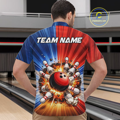 Funny Bowling Boom Polo, 1/4 Zip Shirt For Men Custom Red, White and Blue Team Bowler Jerseys NQS11660