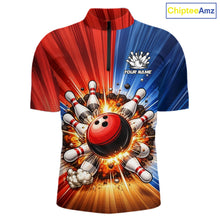 Load image into Gallery viewer, Funny Bowling Boom Polo, 1/4 Zip Shirt For Men Custom Red, White and Blue Team Bowler Jerseys NQS11660