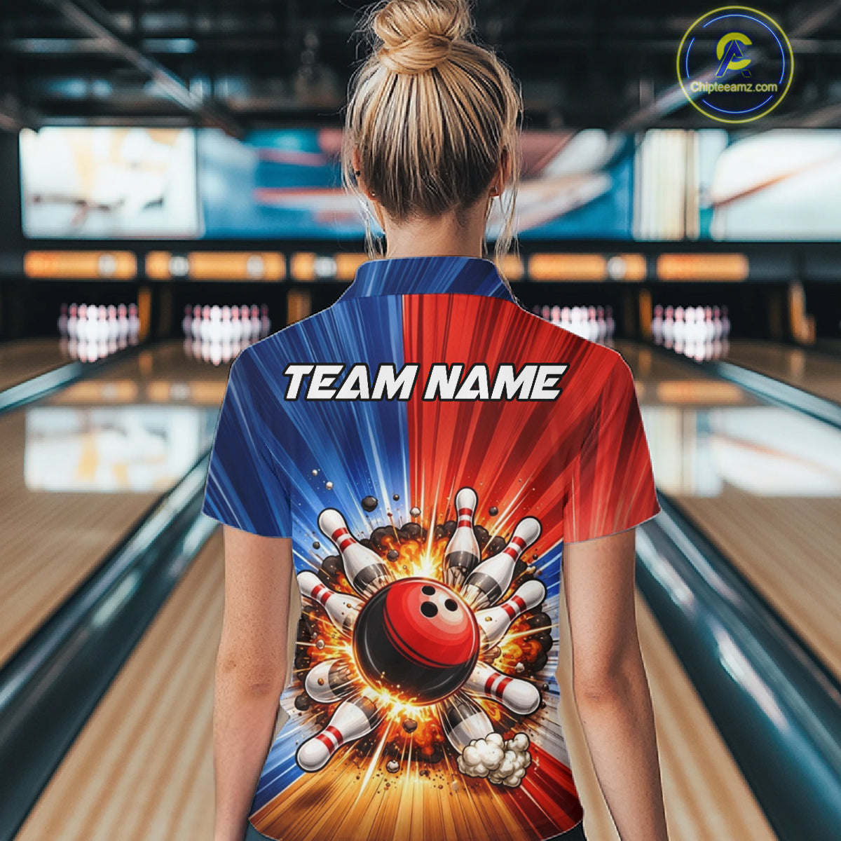 Funny Bowling Boom Polo, 1/4 Zip Shirt For Women Custom Red, White and Blue Team Bowler Jerseys NQS11660
