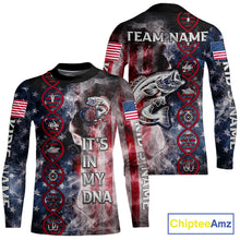 Load image into Gallery viewer, Largemouth Bass fishing smoke American Flag It's in my DNA custom UV protection fishing shirts NQS11664