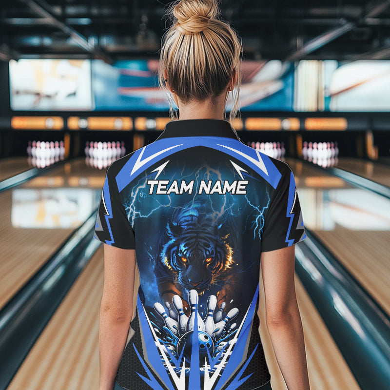 Blue Lightning Thunder Tiger Women Bowling Polo, Quarter Zip Shirt Custom Bowler Jersey bowling outfit NQS9706