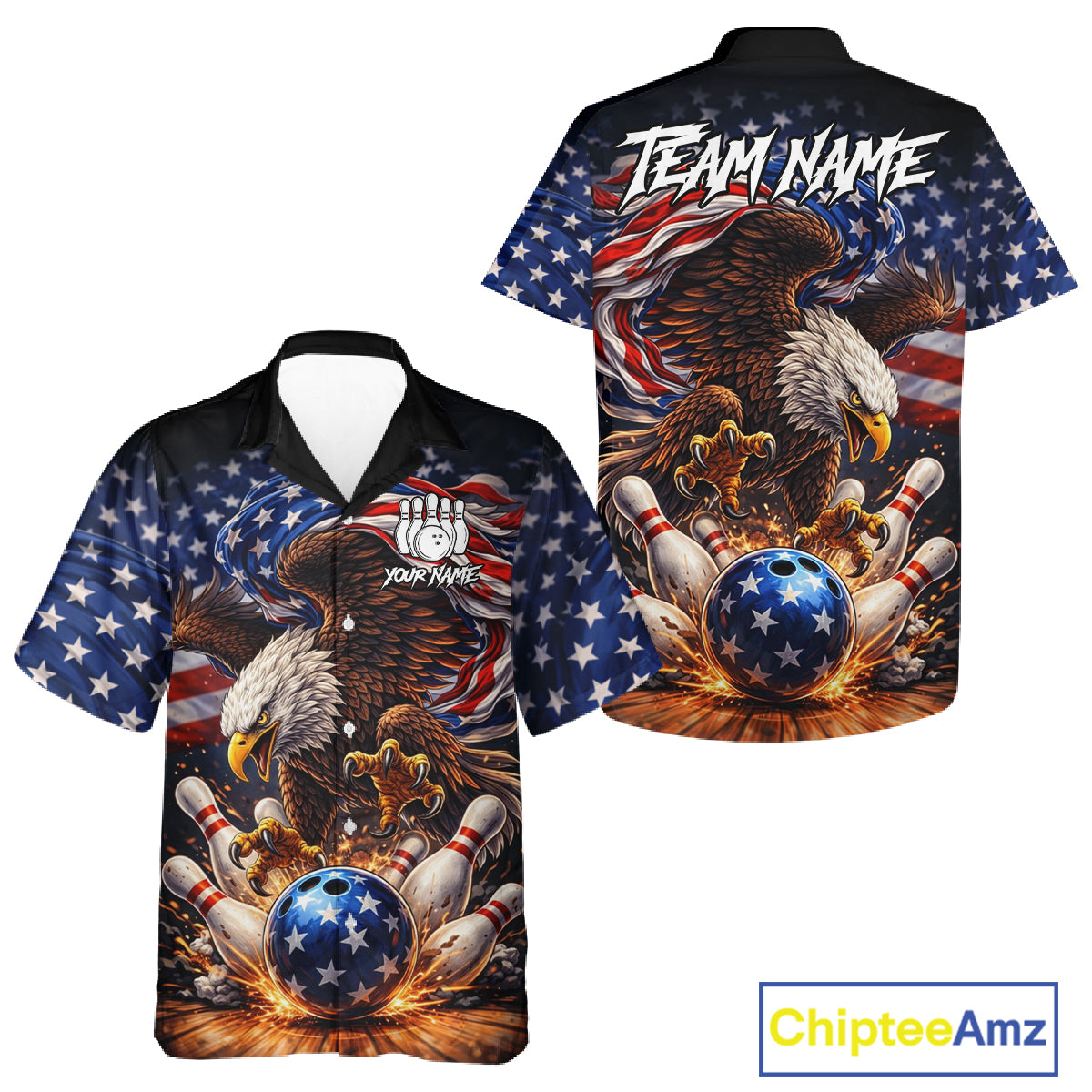 American Flag Flame Eagle Bowling Hawaiian Shirt Custom Patriotic Bowling Team Jersey NQS11748