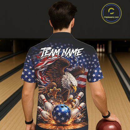 American Flag Flame Eagle Bowling Hawaiian Shirt Custom Patriotic Bowling Team Jersey NQS11748