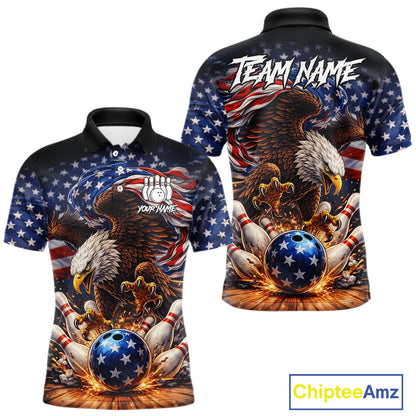American Flag Flame Eagle Bowling Polo, 1/4 Zip Shirts For Men Custom Patriotic Bowling Team Jerseys NQS11748