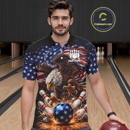 American Flag Flame Eagle Bowling Polo, 1/4 Zip Shirts For Men Custom Patriotic Bowling Team Jerseys NQS11748