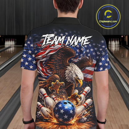 American Flag Flame Eagle Bowling Polo, 1/4 Zip Shirts For Men Custom Patriotic Bowling Team Jerseys NQS11748