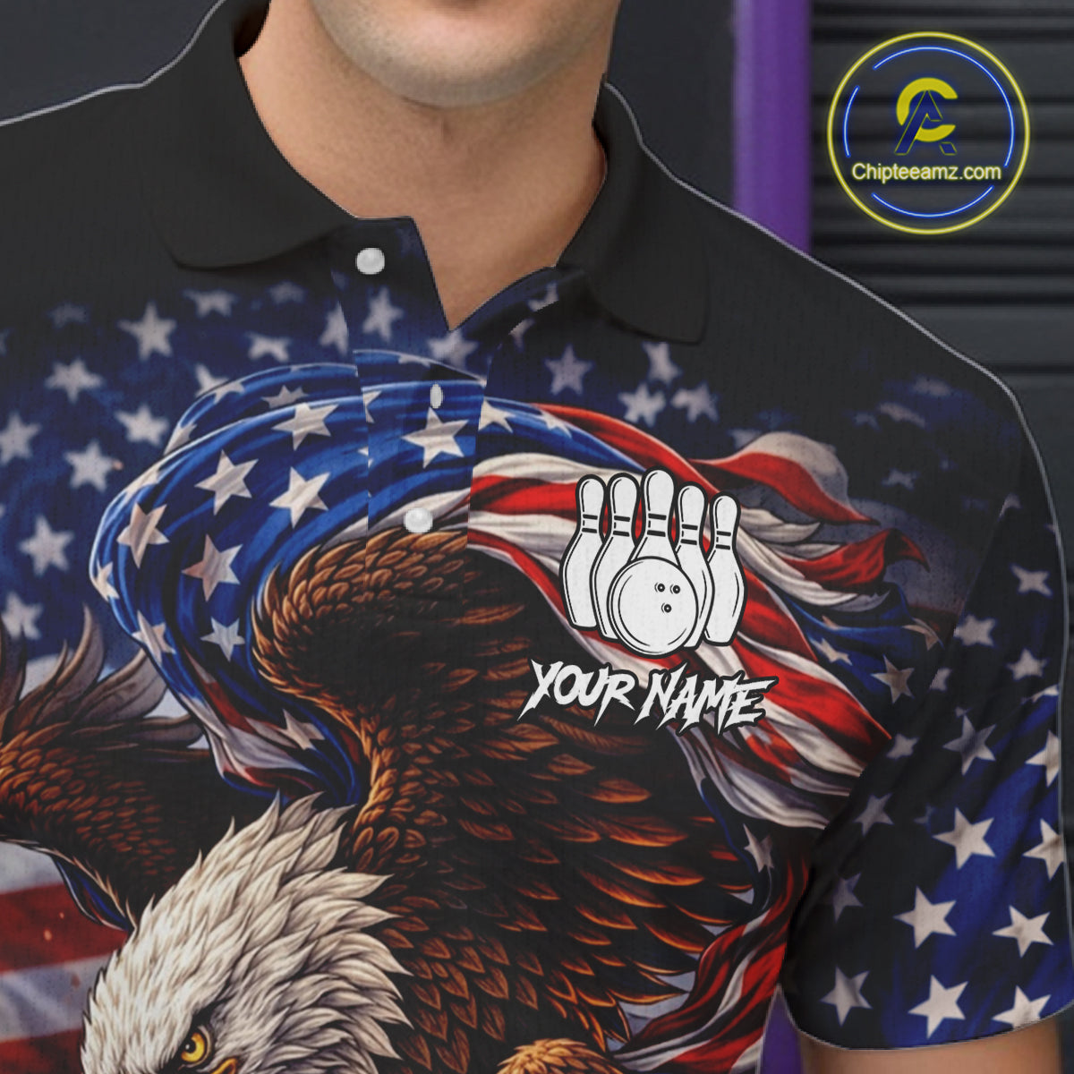 American Flag Flame Eagle Bowling Polo, 1/4 Zip Shirts For Men Custom Patriotic Bowling Team Jerseys NQS11748
