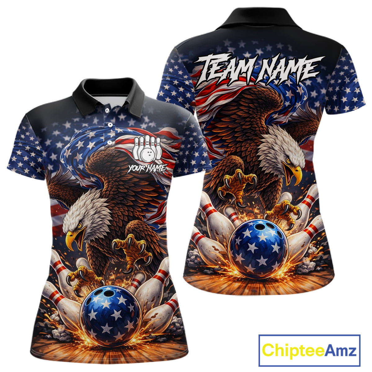 American Flag Flame Eagle Bowling Polo, 1/4 Zip Shirts For Women Custom Patriotic Bowling Team Jersey NQS11748