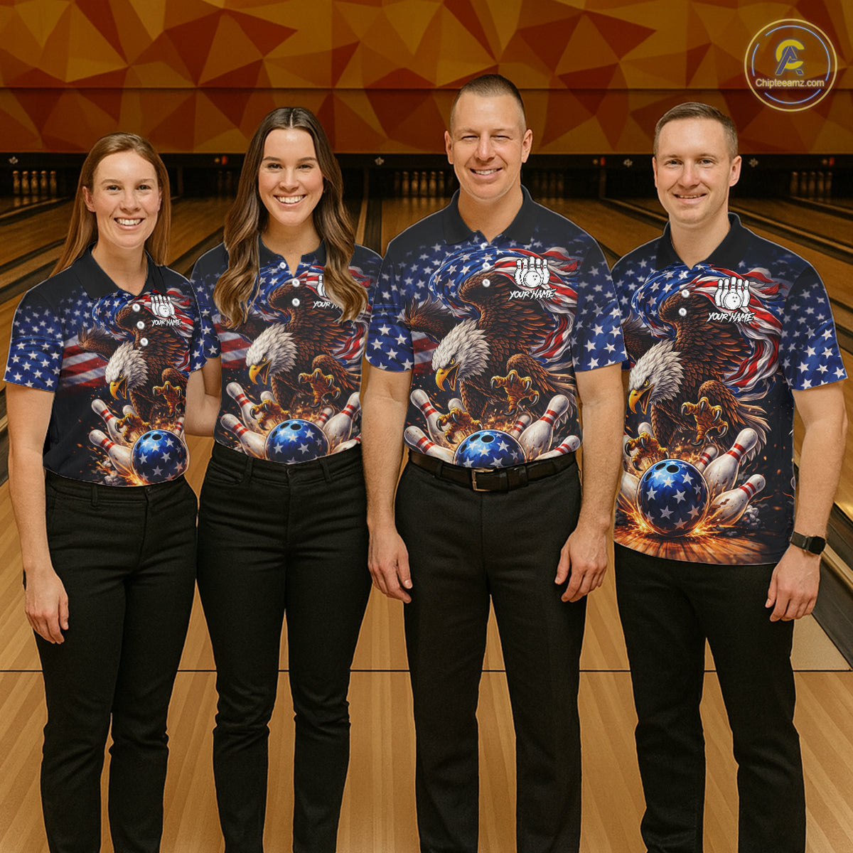 American Flag Flame Eagle Bowling Polo, 1/4 Zip Shirts For Men Custom Patriotic Bowling Team Jerseys NQS11748