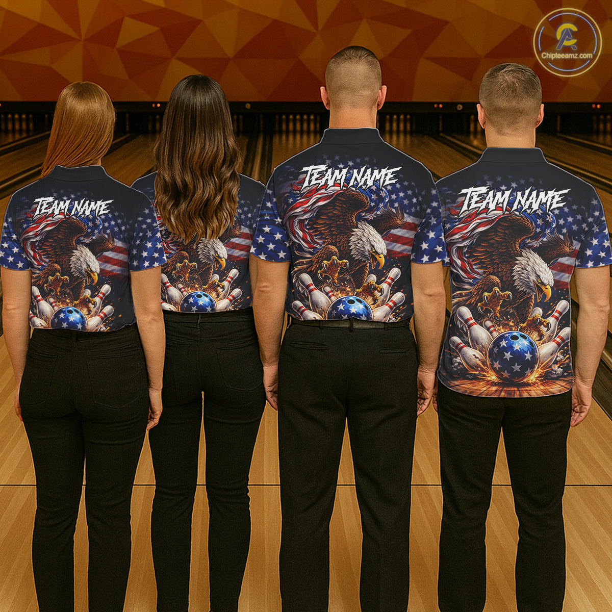 American Flag Flame Eagle Bowling Polo, 1/4 Zip Shirts For Men Custom Patriotic Bowling Team Jerseys NQS11748