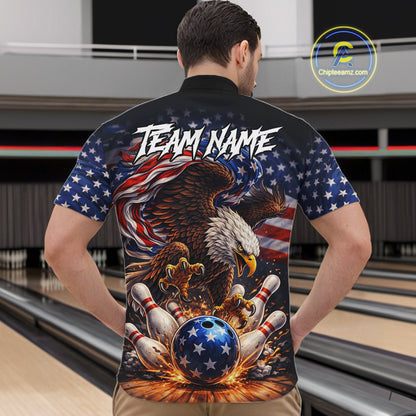 American Flag Flame Eagle Bowling Polo, 1/4 Zip Shirts For Men Custom Patriotic Bowling Team Jerseys NQS11748