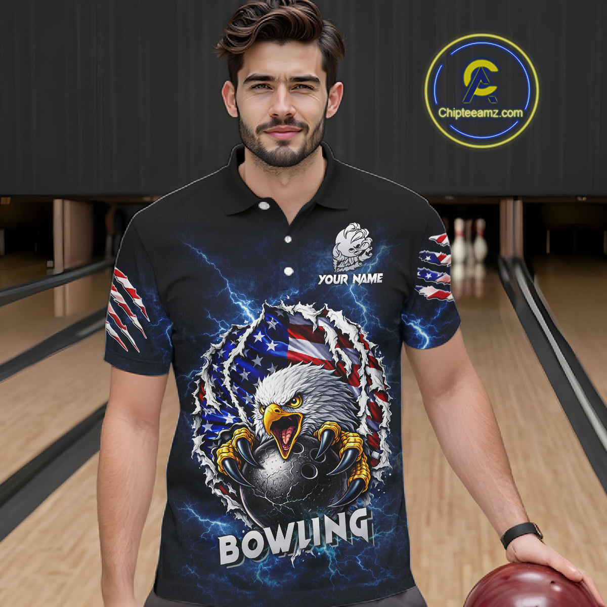 Blue Lightning Thunder US Flag Eagle Bowling Shirts For Men Custom Patriotic Bowling Team Jerseys NQS11749