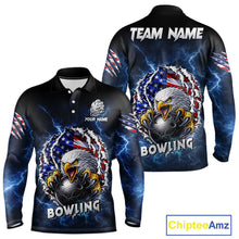 Load image into Gallery viewer, Blue Lightning Thunder US Flag Eagle Bowling Shirts For Men Custom Patriotic Bowling Team Jerseys NQS11749
