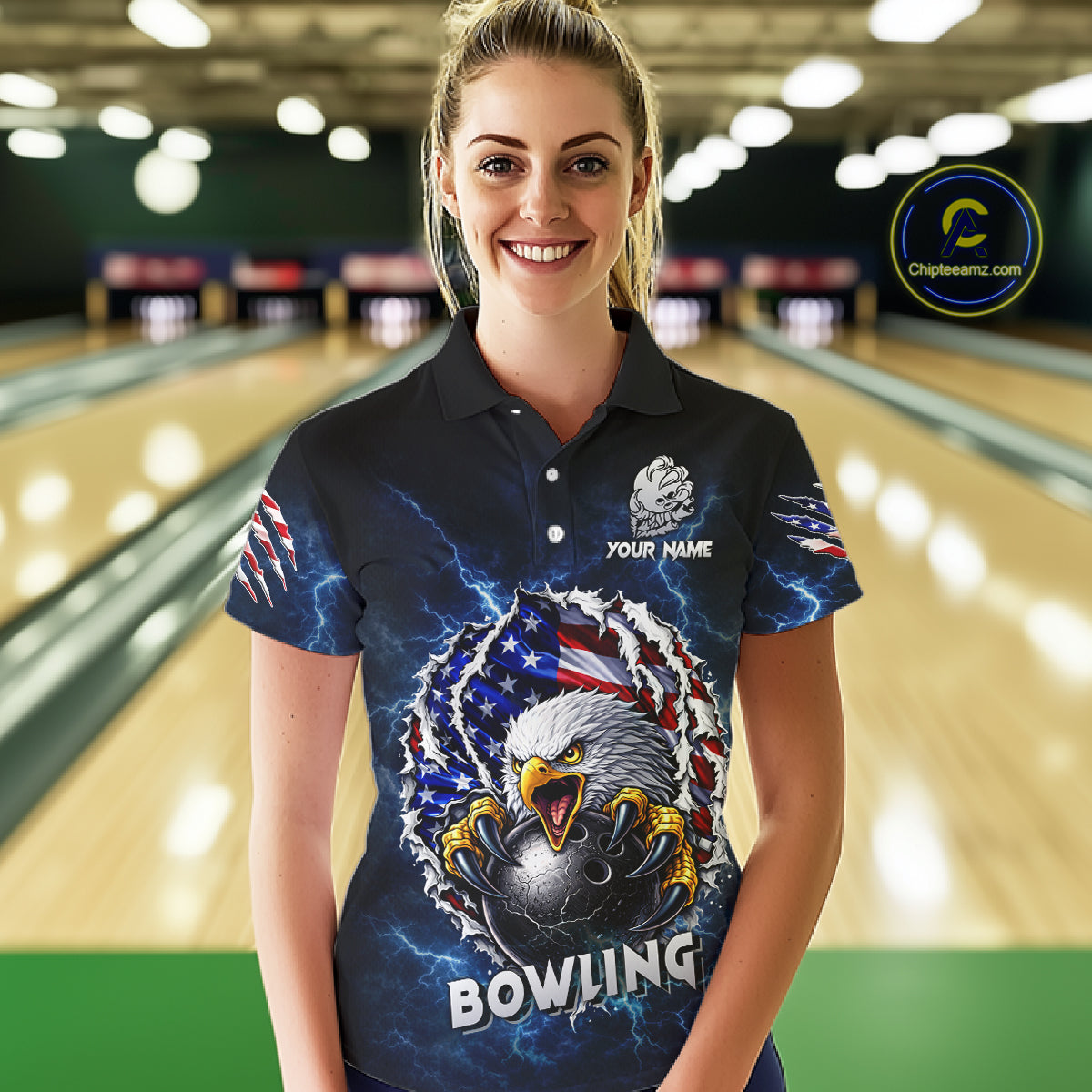 Blue Lightning Thunder US Flag Eagle Bowling Shirts For Women Custom Patriotic Bowling Team Jerseys NQS11749