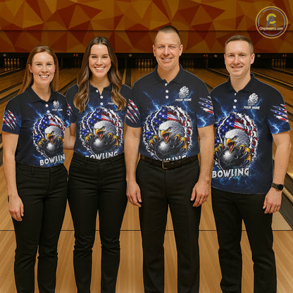 Blue Lightning Thunder US Flag Eagle Bowling Shirts For Men Custom Patriotic Bowling Team Jerseys NQS11749