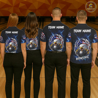 Blue Lightning Thunder US Flag Eagle Bowling Shirts For Men Custom Patriotic Bowling Team Jerseys NQS11749