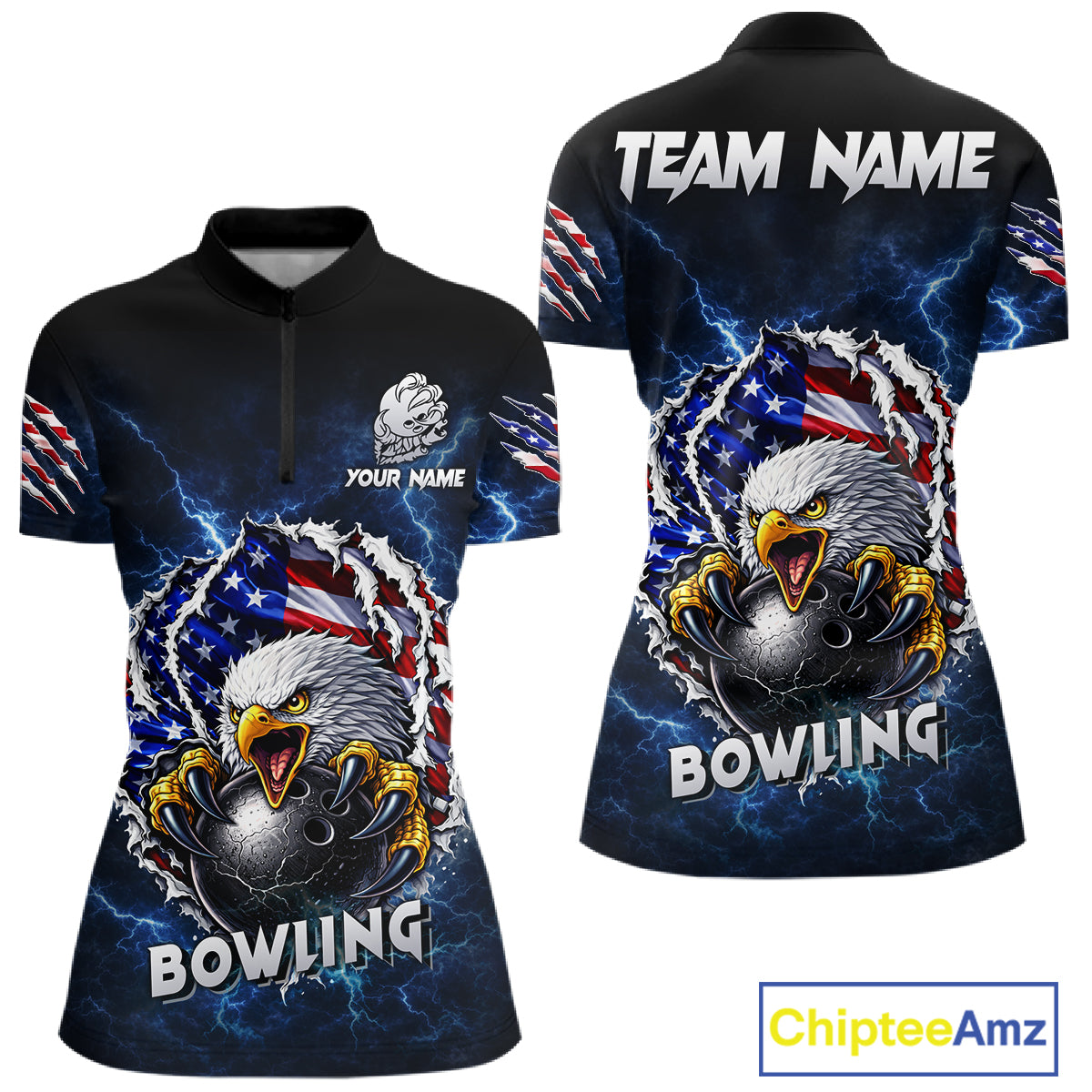 Blue Lightning Thunder US Flag Eagle Bowling Shirts For Women Custom Patriotic Bowling Team Jerseys NQS11749