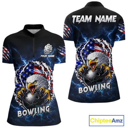 Blue Lightning Thunder US Flag Eagle Bowling Shirts For Women Custom Patriotic Bowling Team Jerseys NQS11749