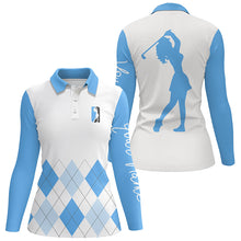 Load image into Gallery viewer, Womens golf polo shirt custom blue and white argyle plaid golf top for ladies NQS5256