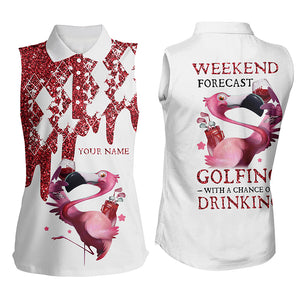 Women sleeveless polo pink glitter flamingo custom weekend forecast golfing with a chance of drinking NQS5957