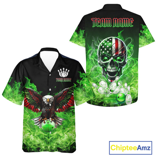 Green Flame Smoke American Flag Eagle Skull Bowling Hawaiian shirt Custom Patriotic Team Bowler Shirt NQS10278